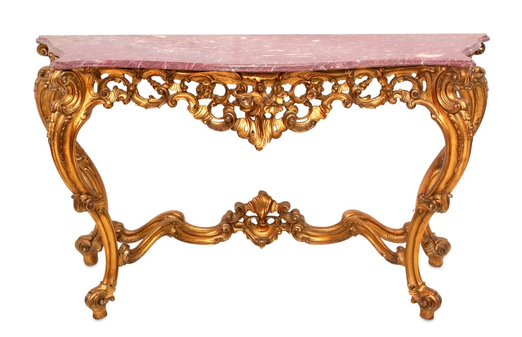 Louis XV Style Pink Marble Giltwood Console Table - 2