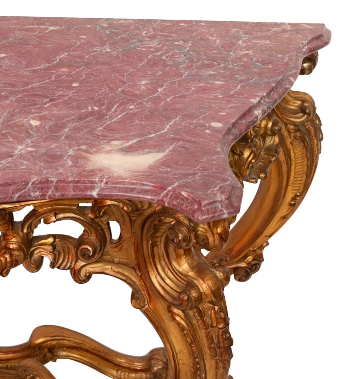 Louis XV Style Pink Marble Giltwood Console Table - 3
