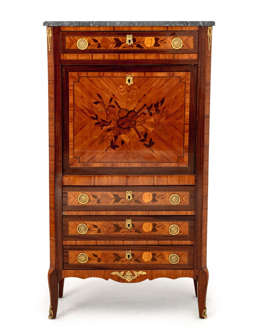 Louis XV Style Kingwood Marquetry Secretaire: Louis XV Style Kingwood Marquetry Secretaire a Abattant, with gilt metal mounts and gray marble top above frieze drawer with fall front having floral and musical instrument marquetry decoration