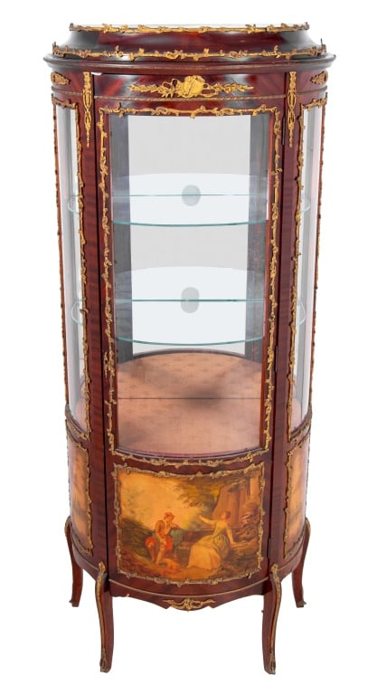Louis XV Style Mahogany Vernis Martin Vitrine: Louis XV Style Gilt Metal Mounted Mahogany Vernis Martin Bowfront Vitrine, 20th century, the glazed door enclosing two adjustable glass shelves and a silk lined wood shelf, decorated with panels of a