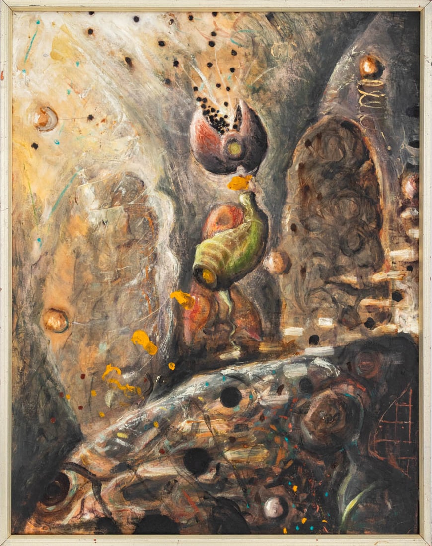 Alexis Rockman "Lat Vs. Long" Oil on Canvas, 1984: Alexis Rockman (American, b. 1962), "Lat Vs. Long", Oil on Canvas, 1984, signed, titled and dated verso, silvered wood frame. Image: 32" H x 24.5" W; frame: 33.5" H x 26.5" W. Provenance: From an