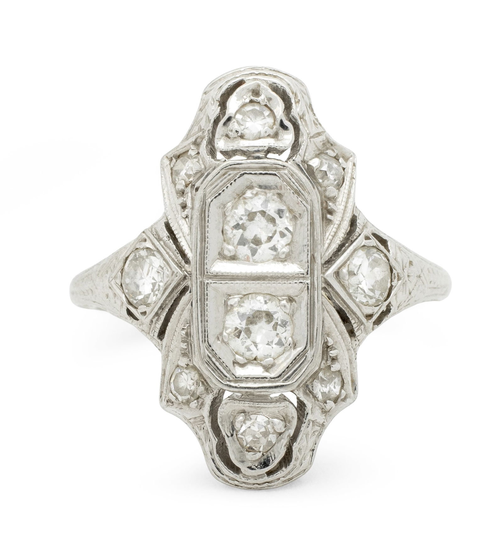 Art Deco 18K White Gold Diamond Filigree Ring - 3