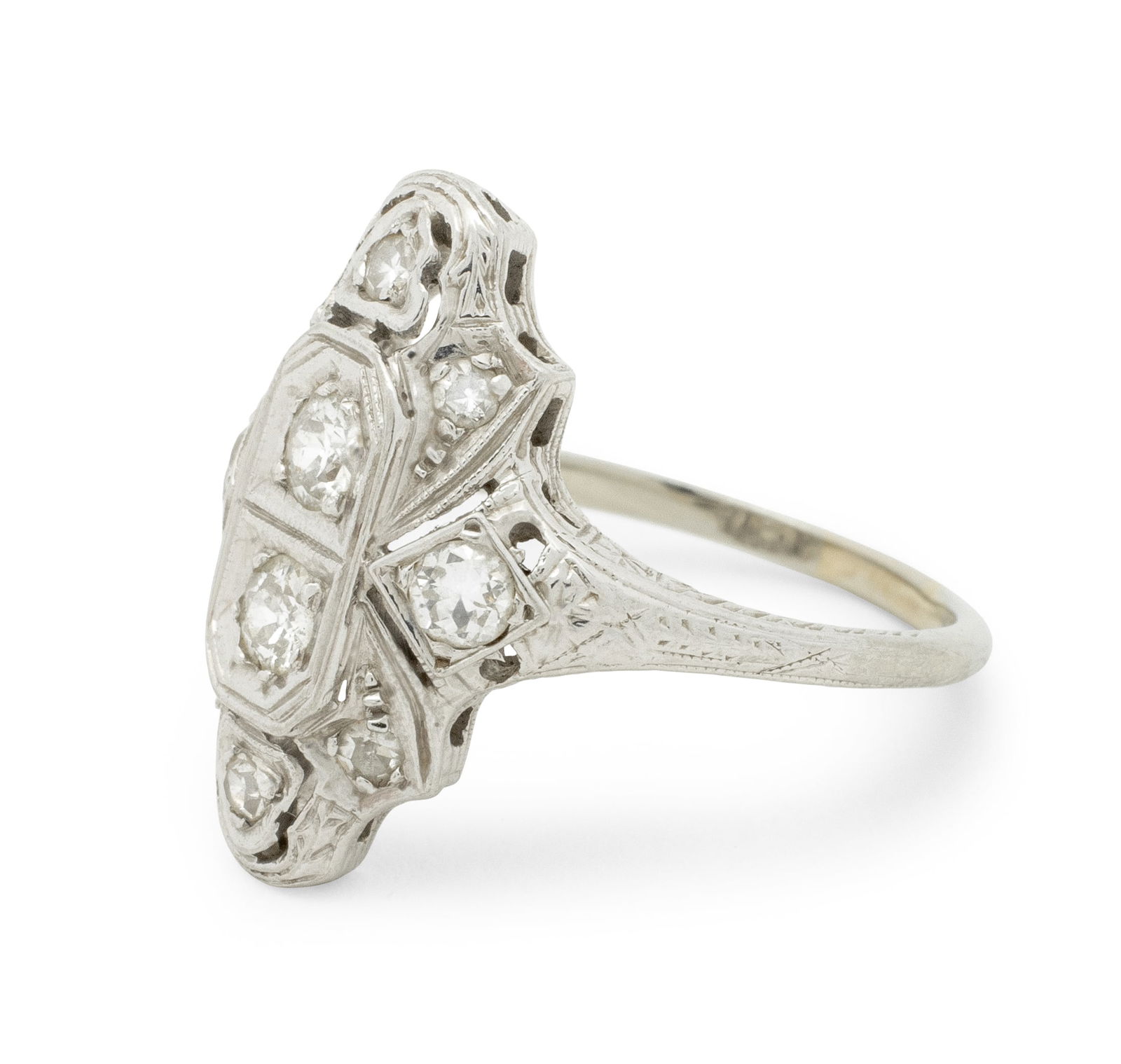 Art Deco 18K White Gold Diamond Filigree Ring - 4