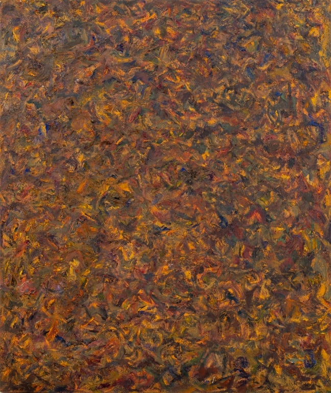 Andy Miller Abstract Composition Oil on Canvas: Andy Miller (American, b. 1950), Abstract Composition, Oil on Canvas, impasto details, brown with ochre, red, and navy waves, with artist's studio stamp and signed verso, unframed. 65" H x 55" W. Prov