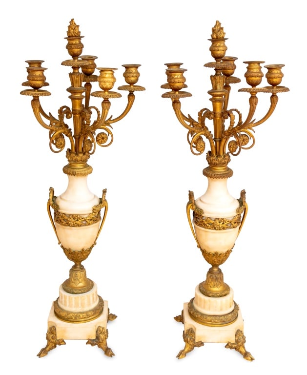Louis XVI Ormolu and White Marble Candelabra, Pair: Pair of Louis XVI Style Ormolu Mounted White Marble Six-Branch Candelabra, late 19th century, each with scrolled branches issuing from an urn shaped vase, with applied handles and decoration, on a flu