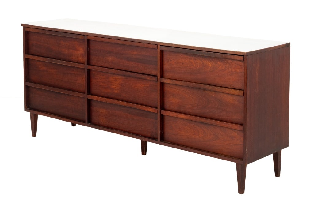 Danish Modern Style Walnut Sideboard: Danish Modern Style Walnut Sideboard, with white laminate top and nine drawers on four tapered legs. 31" H x 71.75" W x 18" D. Provenance: From a New York City Estate. Keywords: Vintage Furniture, Dre