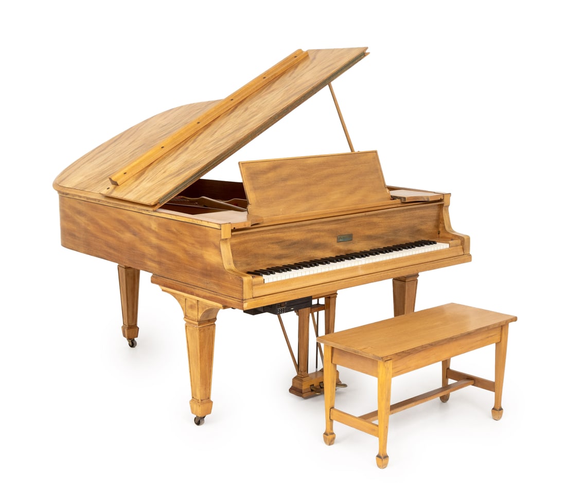 William Knabe & Co. Baby Grand Piano: William Knabe and Company Baby Grand Piano, Model AX, serial no. 104814, in walnut case on three supports terminating in casters, together with piano bench. Closed: 39" H x 60.5" W x 67" D.