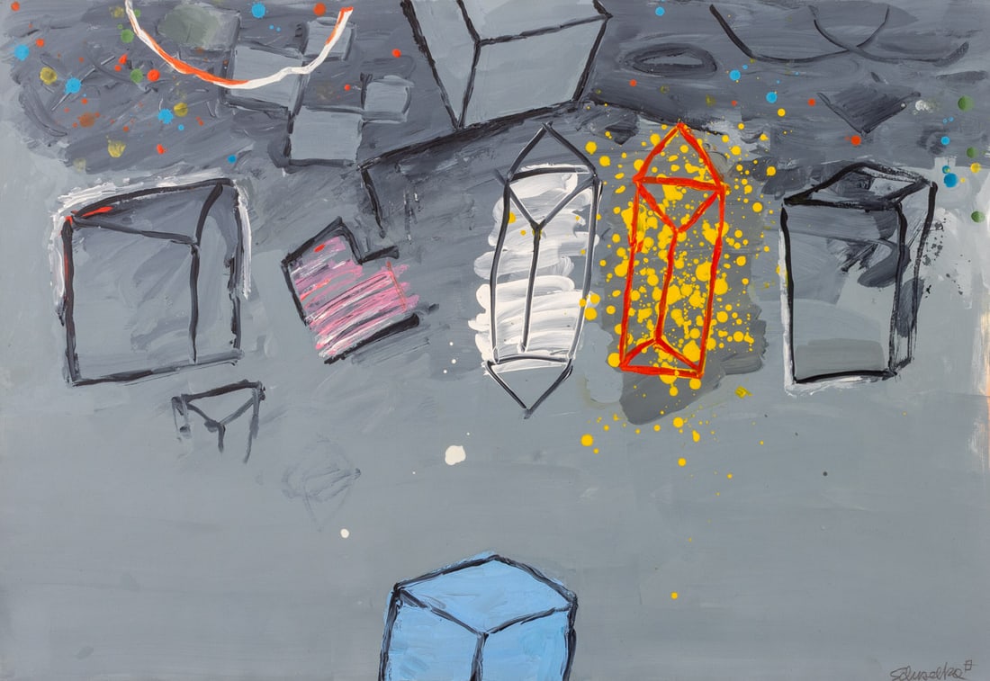 Elfi Schuselka "The Grey One" Acrylic on Paper: Elfi Schuselka (Austrian, b. 1940), "The Grey One", Acrylic on Paper, signed in pencil lower right, signed and titled verso, unframed. 25.75" H x 37.75" W. Provenance: From the collection of the