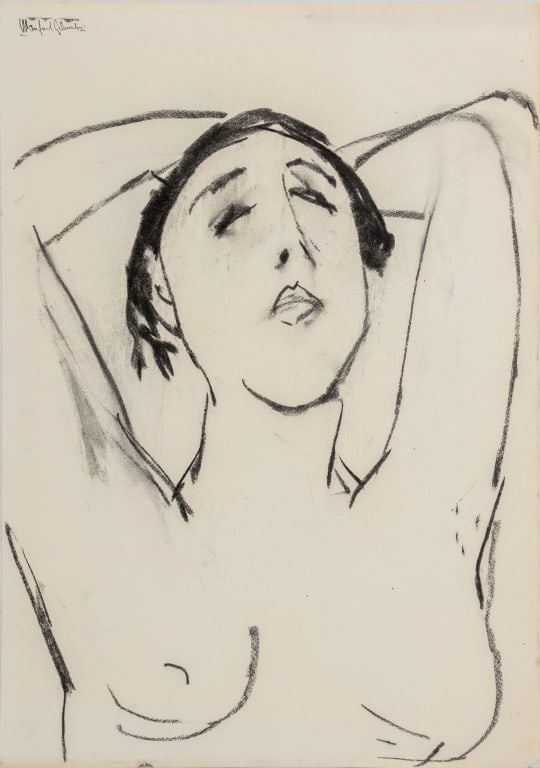 Manfred Schwartz Female Nude Charcoal on Paper: Manfred Schwartz (American, born Poland, 1909-1970), Female Nude, Charcoal on Paper, woman with arms above head, with the artist's signature stamped upper left, unframed. 20" H x 14.25" W.