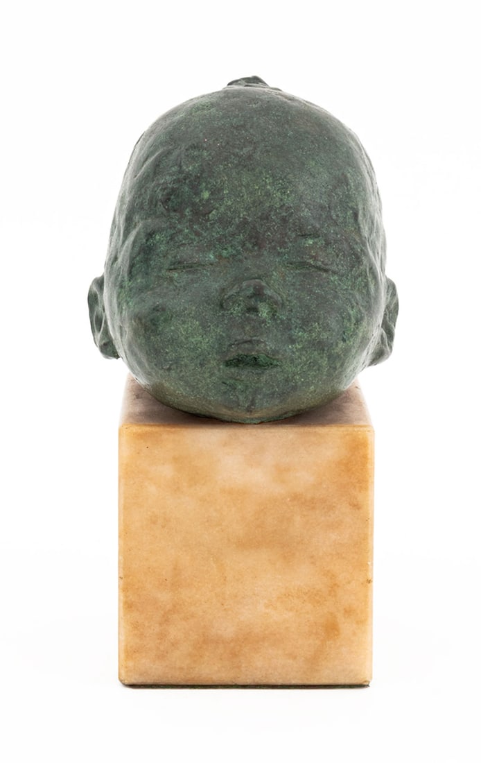 Jacob Epstein Style Sleeping Baby Bronze Sculpture: Jacob Epstein Style Sleeping Baby Head Verdigris Patinated Bronze Sculpture, numbered edition "1/8" to underside of the head, mounted on tan marble base. Overall: 7" H x 4.5" W x 5.5" D. Provenance: