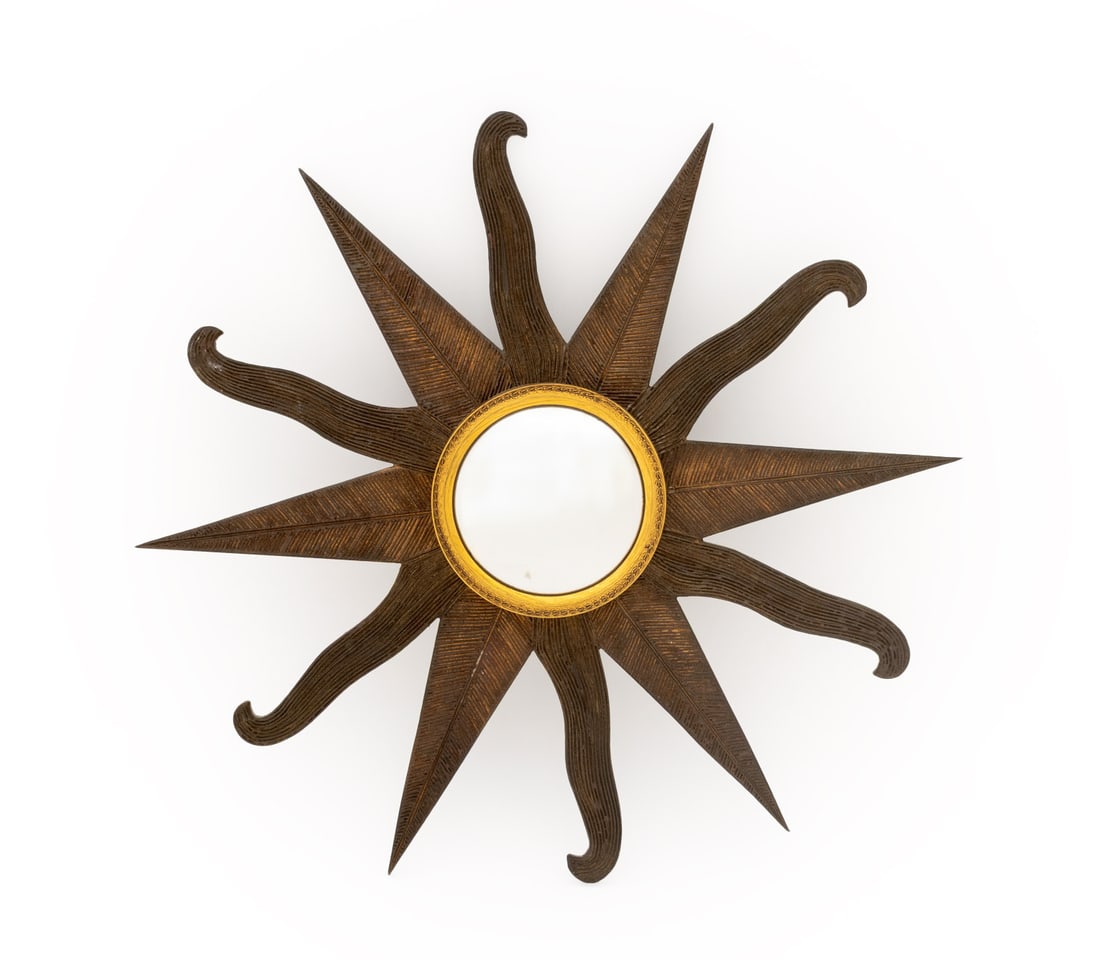 Signed French Modern Carved Wood Sunburst Mirror: French Modern Carved Wood Sunburst Mirror, the center convex mirror surrounded by circular gilt frame, signed "Rene Jacob Couley" and inscribed "Sculpture et gravure faite la main" to reverse. Mirror