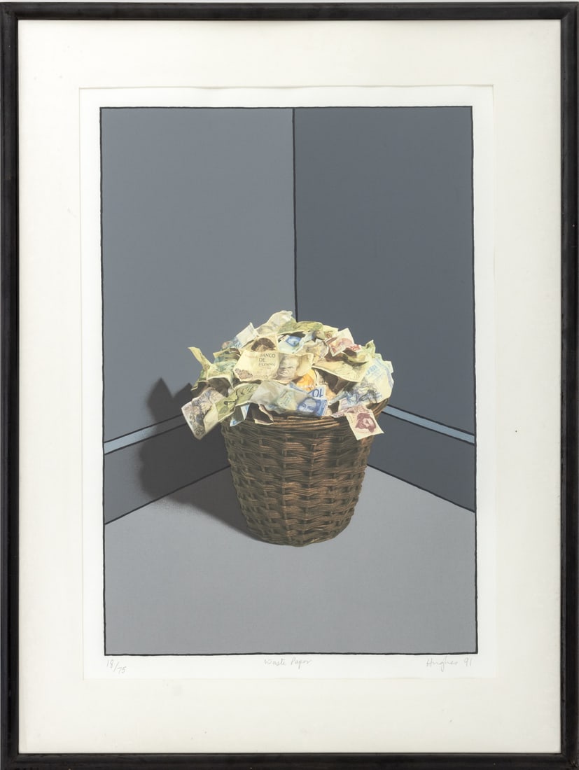 Patrick Hughes "Waste Paper" Screenprint, 1991: Patrick Hughes (American, b. 1939), "Waste Paper", Screenprint in Colors, 1991, signed in pencil and dated lower right, titled lower center, and numbered edition "18/75" lower left, ebonized wood fram