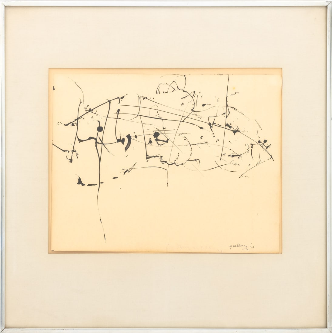 Michael Goldberg Abstract Composition Ink, 1962: Michael Goldberg (American, 1924-2007), Abstract Composition, Ink on Paper, 1962, signed and dated lower right, silver-tone metal frame. Image: 11" L x 14" W; frame: 20.25" H x 20.25" W x 1" D. Proven