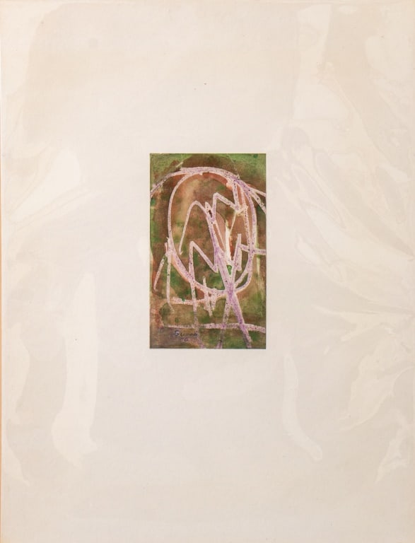 Maurice Sievan "Inclined" Mixed Media, 1970: Maurice Sievan (American, born Ukraine, 1898-1981), "Inclined", Mixed Media on Paper, 1970, crayon and watercolor, signed and dated lower left and inscribed verso, in a white mat, unframed. Image: 5"