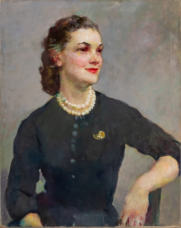 Molly Guion Portrait of a Woman Oil on Canvas: Molly Guion (American, 1910-1982), Portrait of a Woman, Oil on Canvas, depicting a lady in dark dress with pearl necklace and golden brooch, signed verso, unframed. 30.25" H x 24.25" W. Provenance: