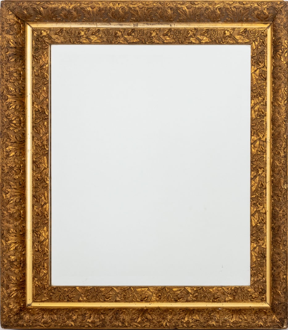 Morning Glory Motif Giltwood Beveled Glass Mirror: Morning Glory Flower Motif Giltwood Framed Beveled Glass Mirror. Mirror plate: 21.5" H x 17.25" W; frame: 28.75" H x 24.75" W x 2.5" D. Provenance: From a New York City Collection. Keywords: Looking