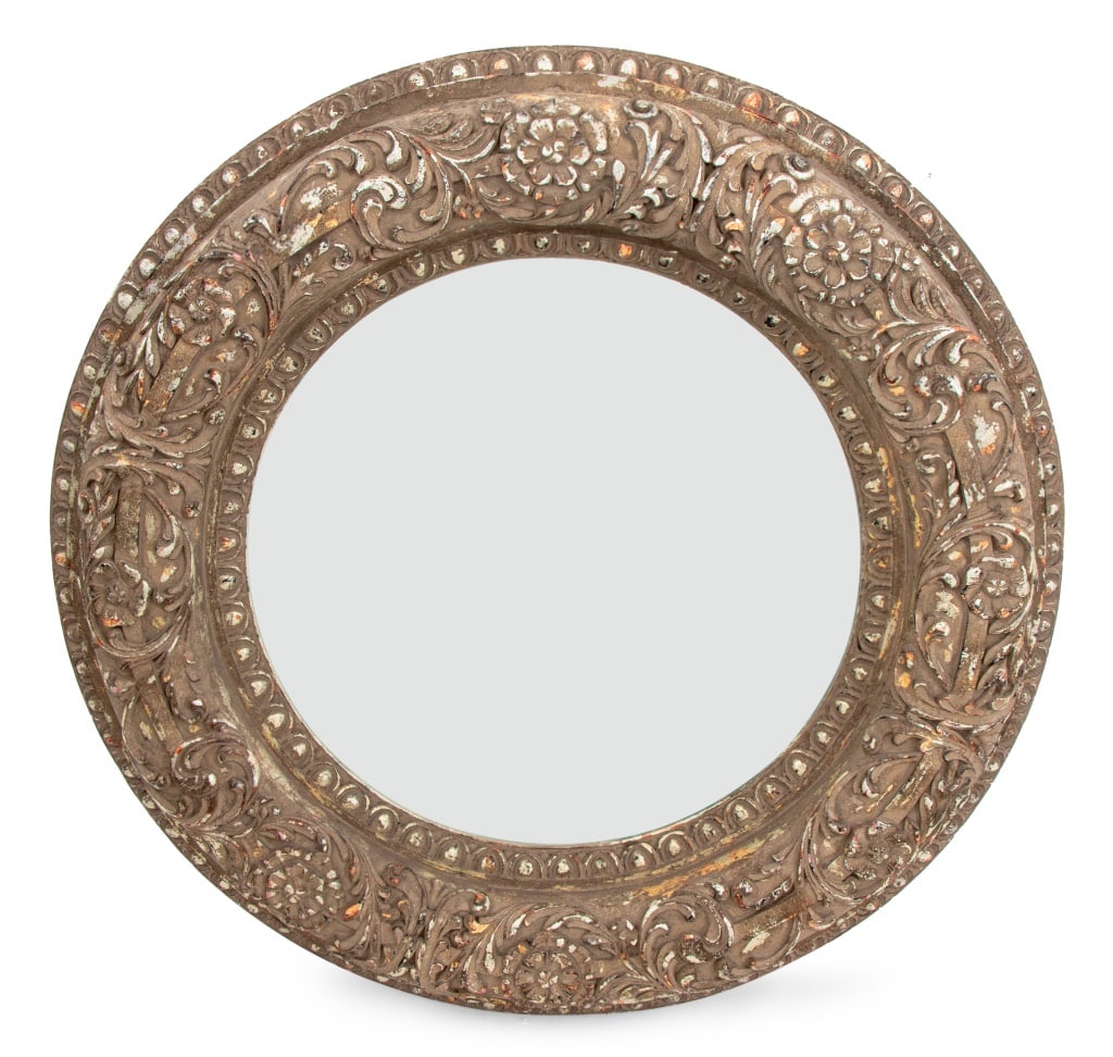 French Silvered Composition Circular Mirror: French Silvered Composition Circular Mirror, floral and foliate carved designs, with beveled glass mirror plate. 50.5" Diameter x 4.5" D. Provenance: From a Manhattan Townhouse. Keywords: Looking