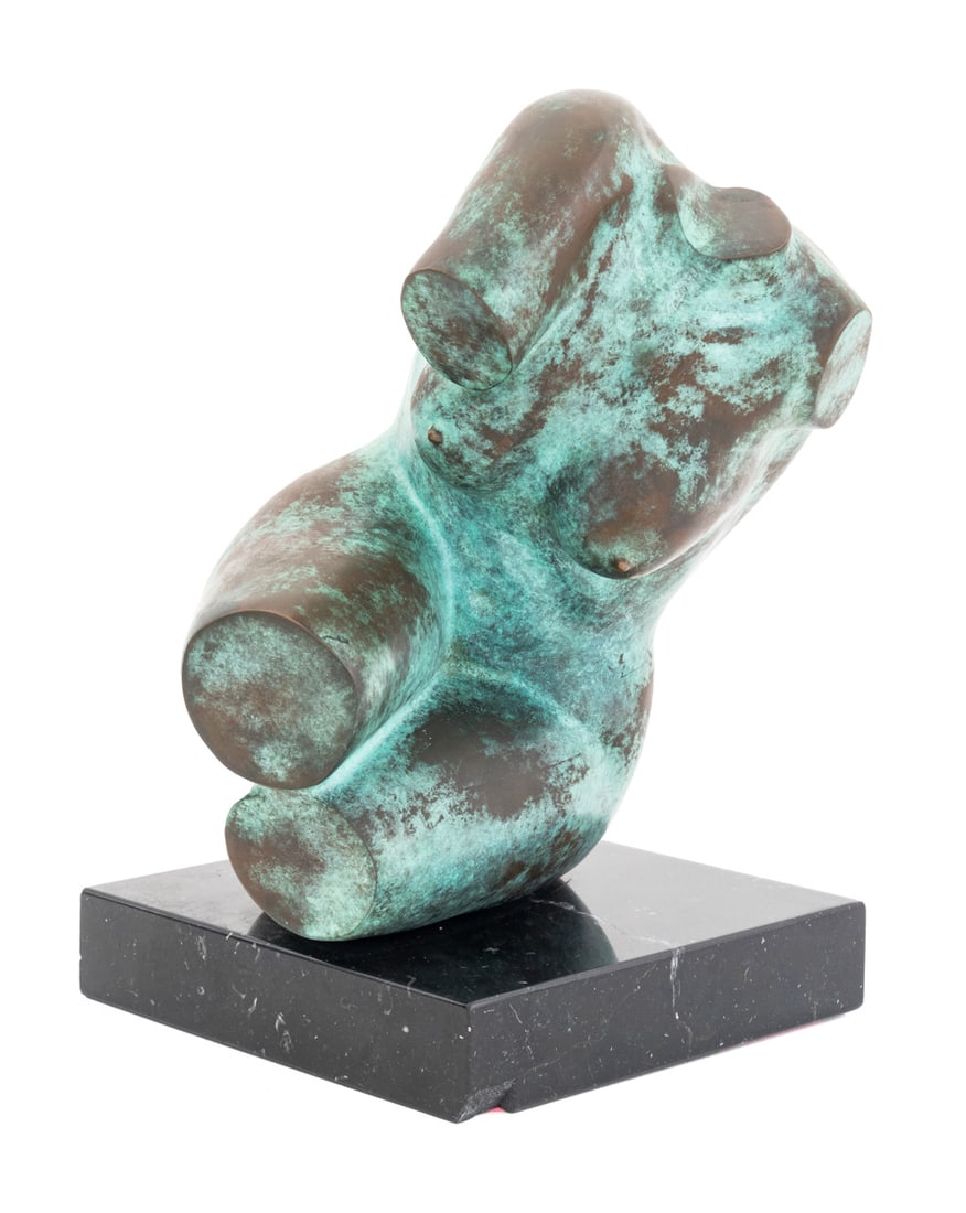 Bronson Nude Torso Verdigris Patinated Bronze: Bronson (XX) Nude Female Torso Verdigris Patinated Bronze Sculpture, signed to reverse, mounted on a black marble plinth. Overall: 14" H x 10" W x 8" D. Provenance: From a New York City Area