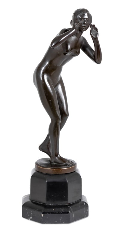 German "The Scream" Patinated Bronze Sculpture: German School "The Scream" Patinated Bronze Sculpture, early 20th century, depicting a nude woman standing on a circular base, signed "W.T. Krauss", on a shaped black marble plinth. 11.5" H x 3.75" W