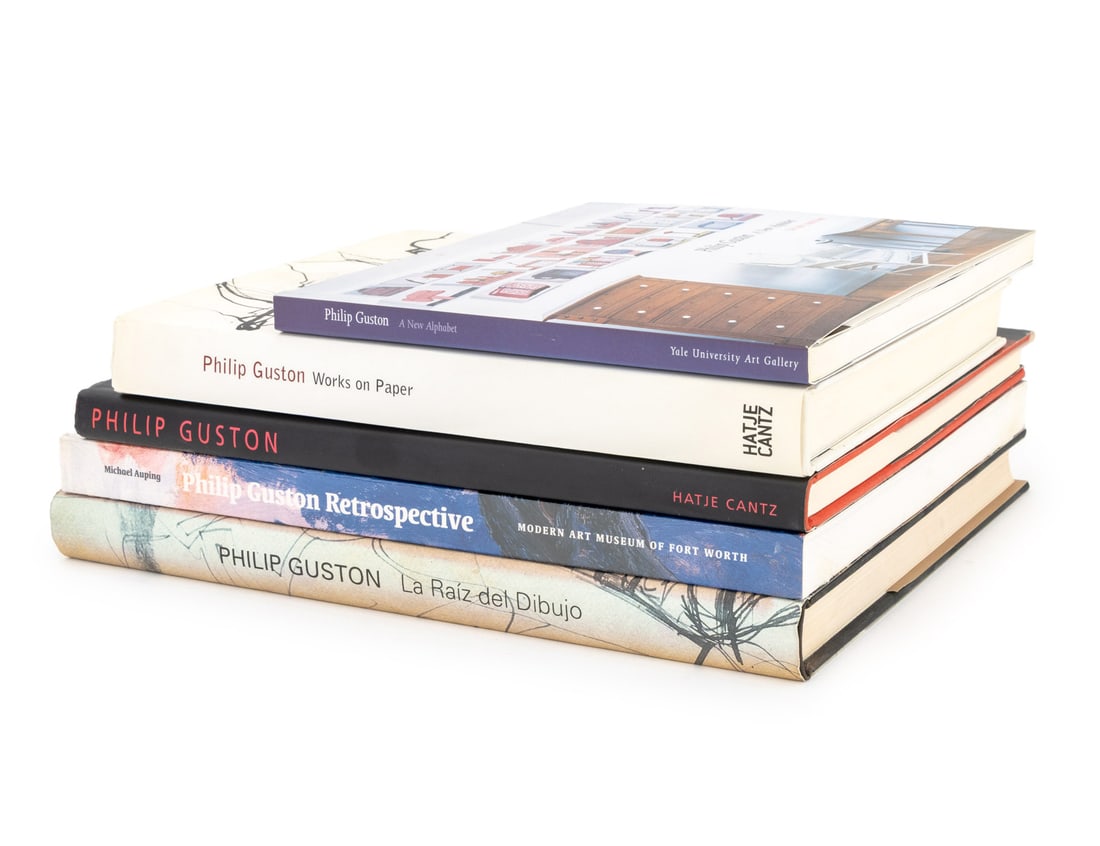 Philip Guston Books, 5: Collection of Five Philip Guston Books, comprising: "Philip Guston: La Raiz del Dibujo", "Philip Guston Retrospective", "Philip Guston Gemalde 1947-1979", "Philip Guston: a New Alphabet the Late Trans
