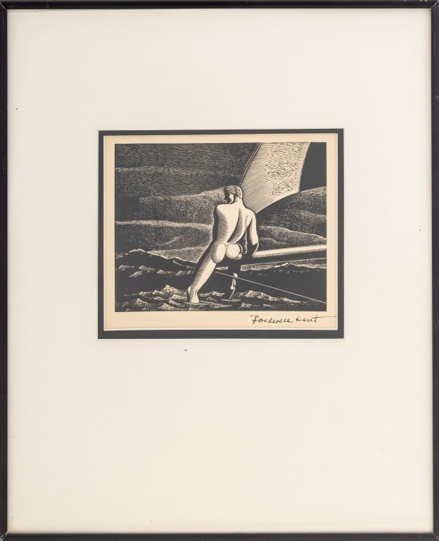 Rockwell Kent "Fair Wind" Woodcut: Rockwell Kent (American, 1882-1971), "Fair Wind", Woodcut on Paper, bearing spurious signature in ink lower right, black metal frame. Image: 5.5" H x 7" W; frame: 17.5" H x 14.25" W. Provenance: From