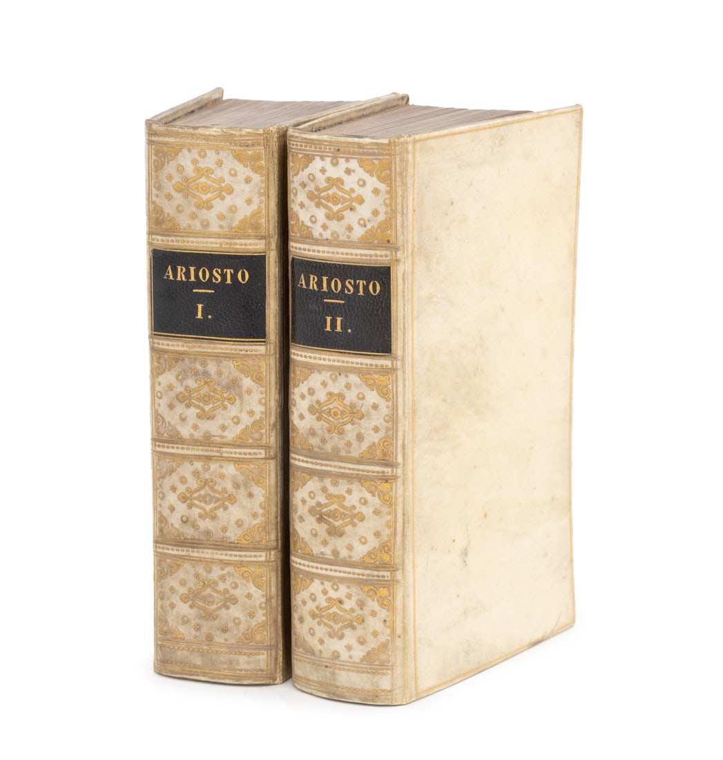 Ludovico Ariosto "Orlando Furioso", 1823: Ariosto, Ludovico, "Orlando Furioso", Firenzo: Presso Guiseppe Moline, 1823, 2 volumes, vellum over boards binding. Each: 5.25" L x 3" W x 1.5" D. Provenance: From a Greenwich, Connecticut Estate. Key