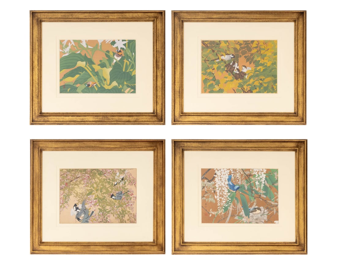 Tsuchiya Rakusan The Four Seasons Woodblocks, 4: Tsuchiya Rakusan (Japanese, 1896-1976), Set of Four Seasons Landscape Scenes, Woodblock Prints in Colors, from The Four Seasons series, circa 1935, comprising: "Autumn 7: Great Tits and Wisteria", "Sp