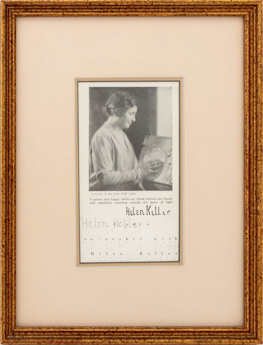 Helen Keller Signed Offset Lithograph and Braille: Helen Adams Keller Signed Offset Lithograph Portrait and Braille, signed in pencil lower left, the braille reading "I am a / co-worker with / Helen Keller", giltwood frame. Image: 6" H x 3.25" W; fram