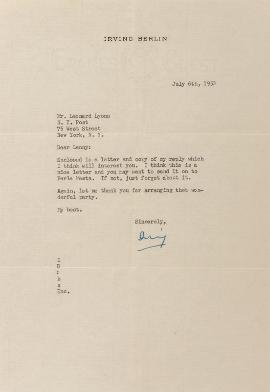 Irving Berlin Signed Letter to Leonard Lyons, 1950 (1 of 7)