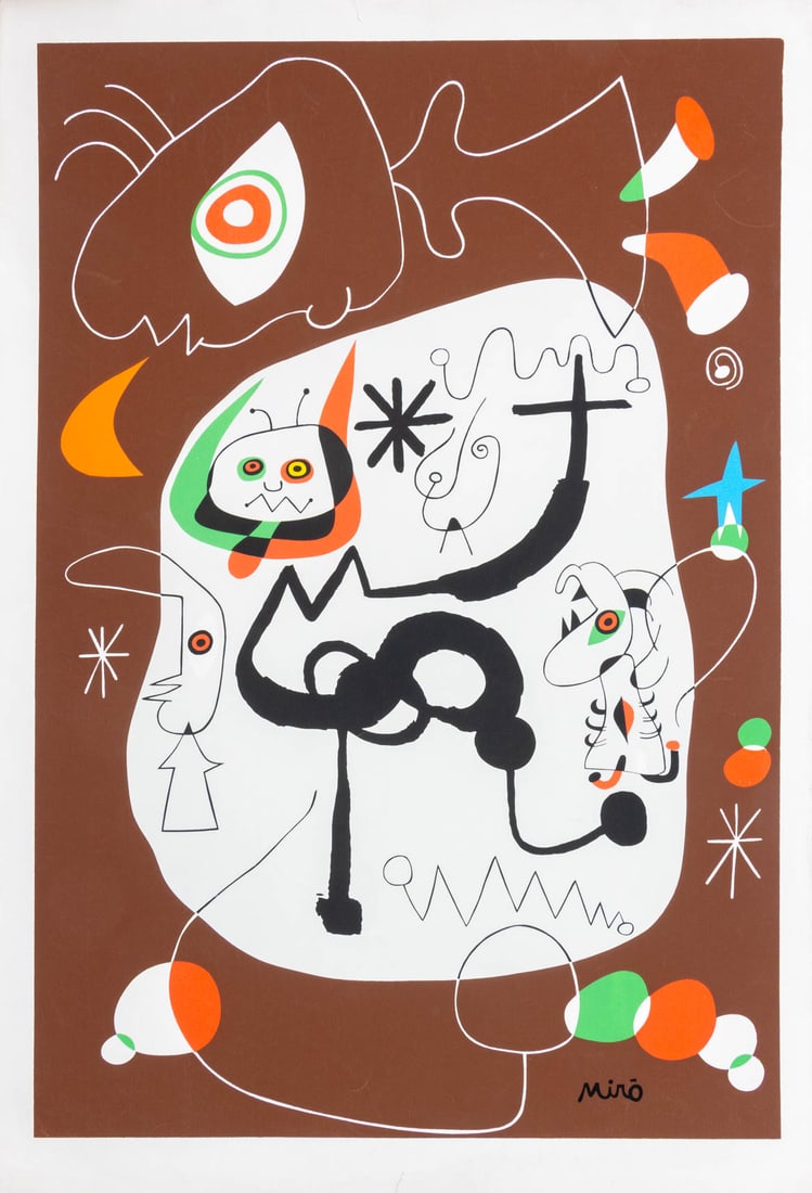Joan Miro "A Ballet Dancer ..." Screenprint: Joan Miro (Spanish, 1893-1983), "A Ballet Dancer Listening to Organ in a Gothic Cathedral", Screenprint in Colors, signed in print lower right, unframed. Image: 31" H x 21" W; sheet: 35" H x 23" W. Pr