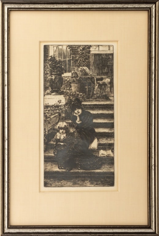 James Tissot "Reverie" Etching, 1889: James Jacques Joseph Tissot (French, 1839-1906), "Reverie", Etching and Drypoint on Laid Paper, 1889, silvered wood frame. Image: 9" H x 4.5" W; frame: 14.75" H x 10" W. Provenance: The Upper East Sid