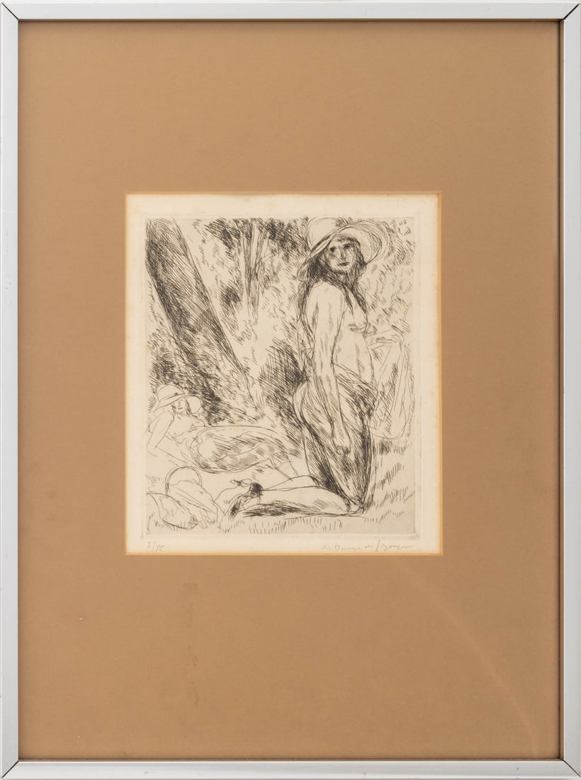 Andre Dunoyer de Segonzac "Le Modele" Etching: Andre Dunoyer de Segonzac (French, 1884-1974), "Le Modele a Genoux", Etching, 1924, signed in pencil lower right and numbered edition "8/75" lower left, Brooklyn Museum label verso, silver-tone metal