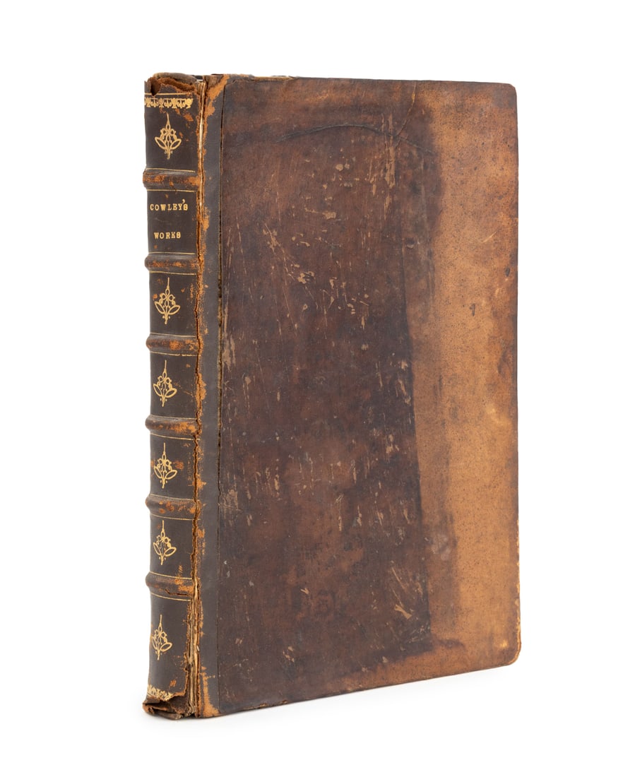 "The Works of Mr. Abraham Cowley", 1681: Cowley, Abraham, "The Works of Mr. Abraham Cowley", London: Henry Herrington, 1681. 11.5" L x 8" W x 1.5" D. Provenance: From a Greenwich, Connecticut Estate. Keywords: Antique books, Fiction, Writer,