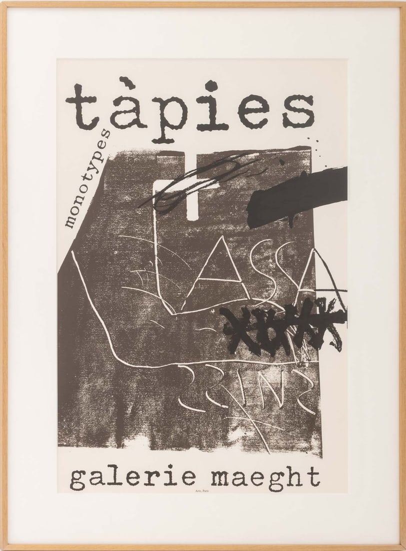 Antoni Tapies Monotypes Galerie Maeght Poster: Antoni Tapies Monotypes Exhibition Galerie Maeght, Lithographic Poster, wood frame. Image: 28.5" H x 19" W; frame: 36.25" H x 26.75" W x 1.25" D. Provenance: From an East 53rd Street Collection. Keywo