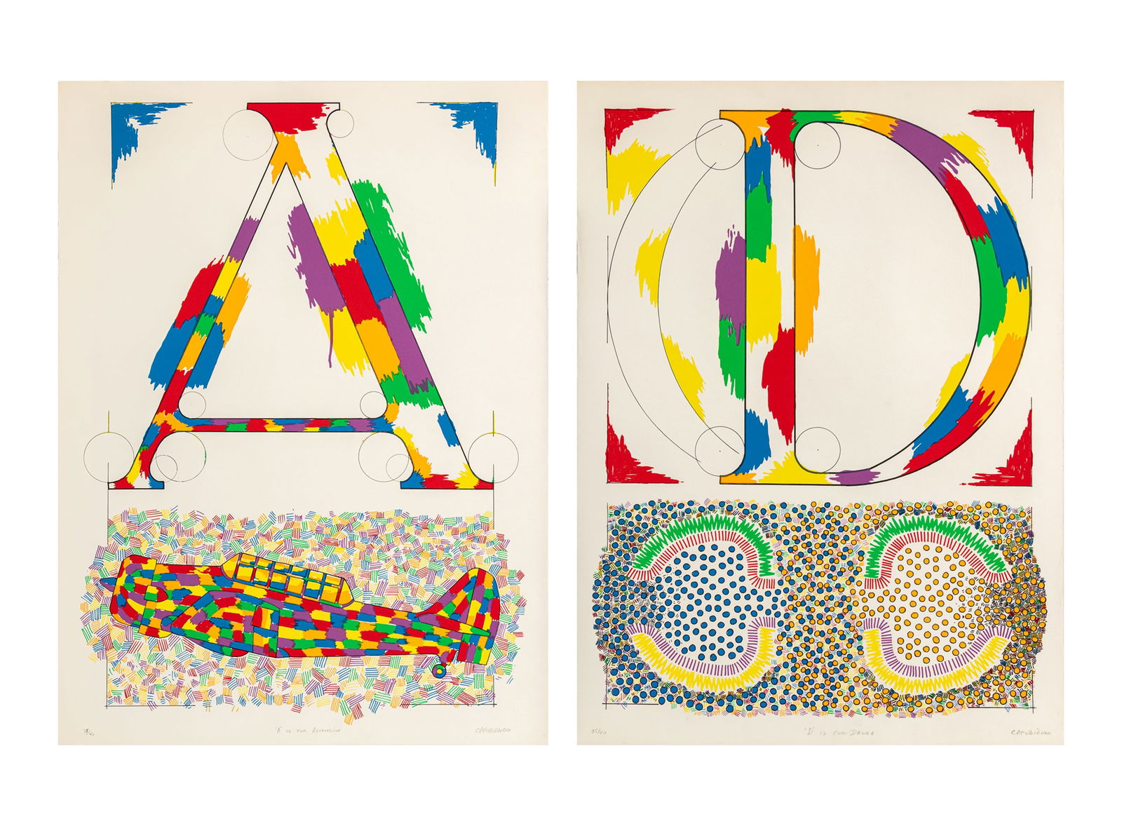 Domenick Capobianco Rainbow Silkscreen Prints, 2: Domenick Capobianco (American, b. 1928), Two Rainbow Typography Abstractions, Silkscreen Prints in Colors, comprising: "A is for Ascension", signed in pencil lower right, titled lower center, numbered