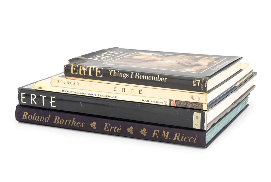Signed, Etc. Books on Erte, 5: Collection of Five Books on Erte, comprising: "Erte's Costumes & Sets for Der Rosenkavalier in Full Color", Cox, John, limited edition numbered and signed on back endpaper by Erte, no. 169, "Things I