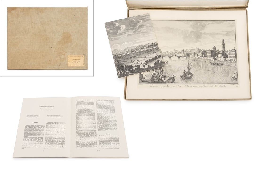 Guiseppe Zocchi "Views of Florence", 1967: Zocchi, Guiseppe, "Views of Florence", New York: Walker and Company, 1967, First Edition, no. 813 of 950 copies. 18" L x 23.25" W x 0.5" D. Provenance: From a 955 Fifth Avenue Apartment. Keywords: Arc