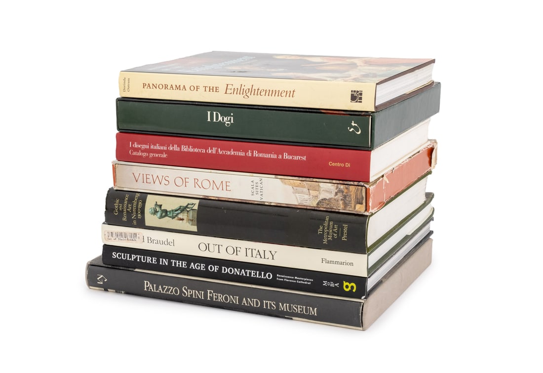 Books on European Art and Artists, 8: Collection of Eight Books on European Art and Artists, comprising: "Gothic and Renaissance Art in Nuremberg 1300-1550", "Out of Italy", Braudel, Fernand, "Panorama of the Enlightenment", Outram, Dorin