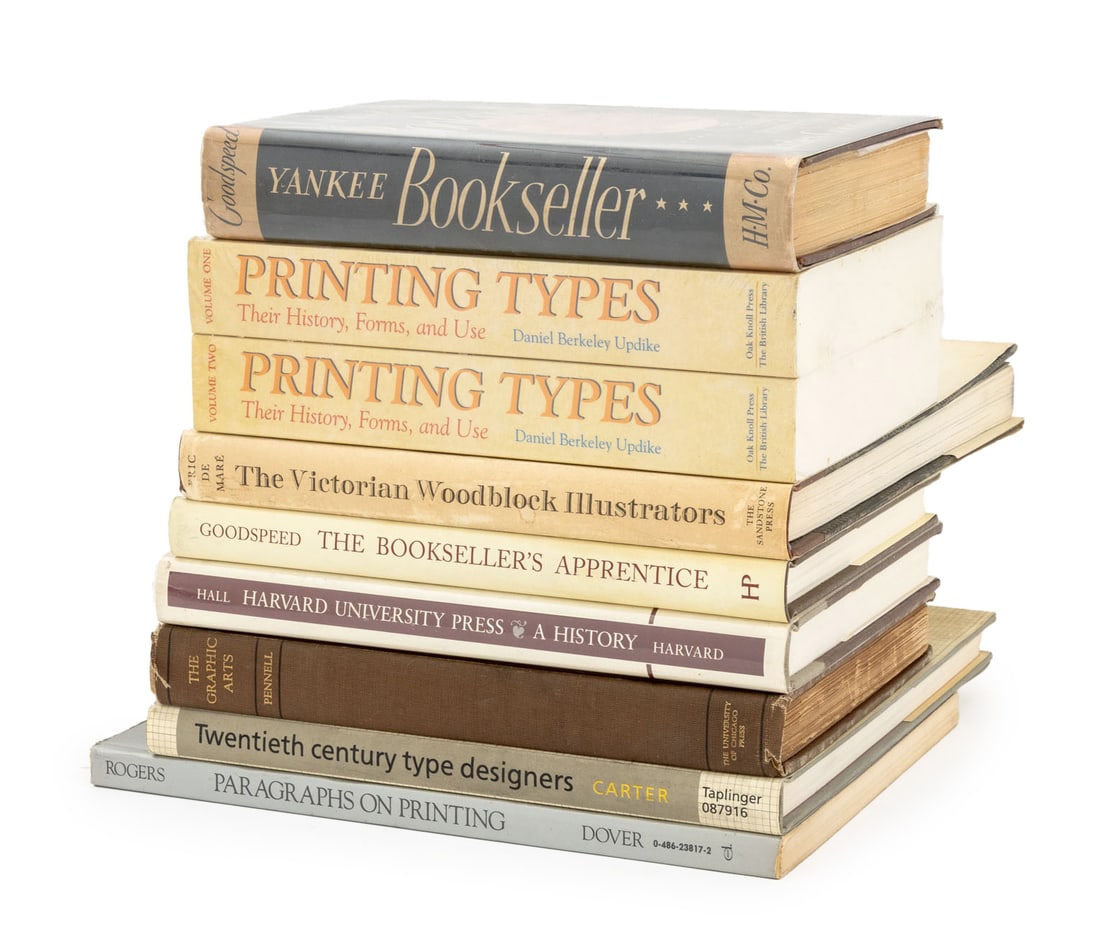 Books on Art, History, and Design, 9: Collection of Nine Books on Art, History, and Design, comprising: "The Victorian Woodblock Illustrators", de Mare, Eric, "Twentieth Century Type Designers", Carter, Sebastian, "Paragraphs on Printing"