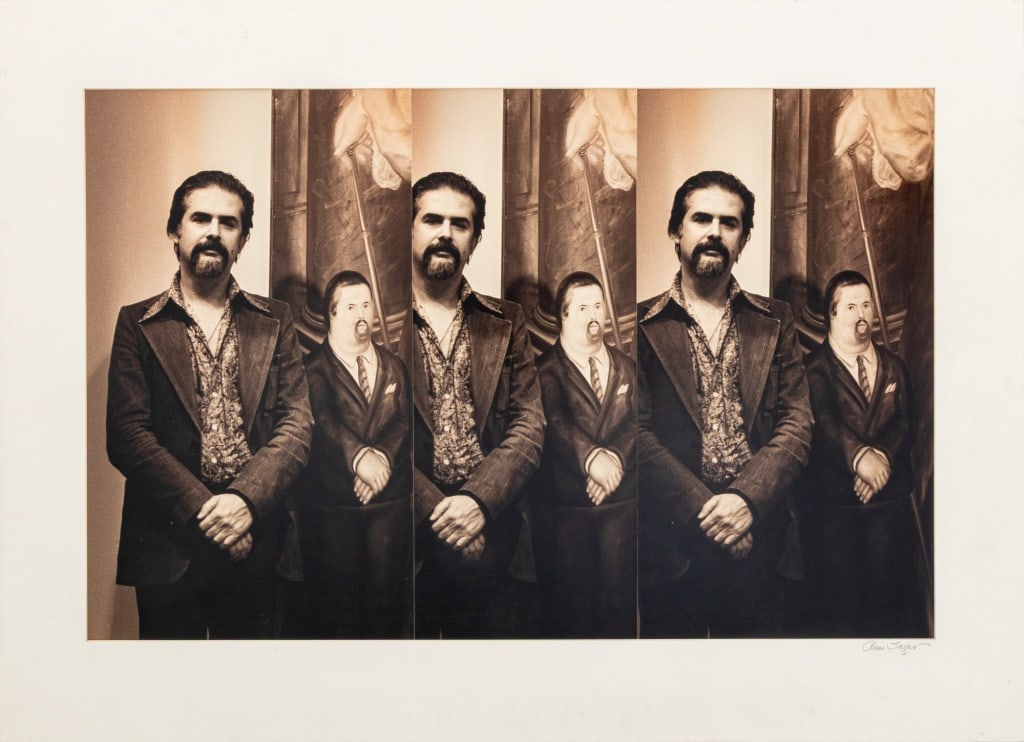 Anne Sager Portrait of Fernando Botero Collage: Anne Sager (American, 1930-2024), Portrait of Fernando Botero, Black and White Photograph Print Collage, depicting the artist Botero (Colombian, 1932-2023) in front of self portrait, signed lower righ