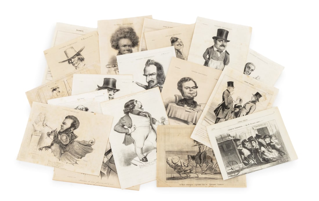 Portfolio of French Caricatures: Portfolio of French Caricatures, comprising: illustrated pages from "Pantheon Charivarique", "Croquis de Expressions", and "Journal Amusant". Largest: 13" L x 9.5" W. Provenance: From an Upper East Si