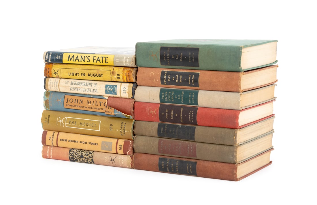 Modern Library Editions Books, 14: Collection of 14 Fiction and Literature Books, comprising: "Complete Poetry & Selected Prose", Milton, John, "6 Plays", Rodgers and Hammerstein, "The Autography of Benvenuto Cellini", "Anna Karenina",