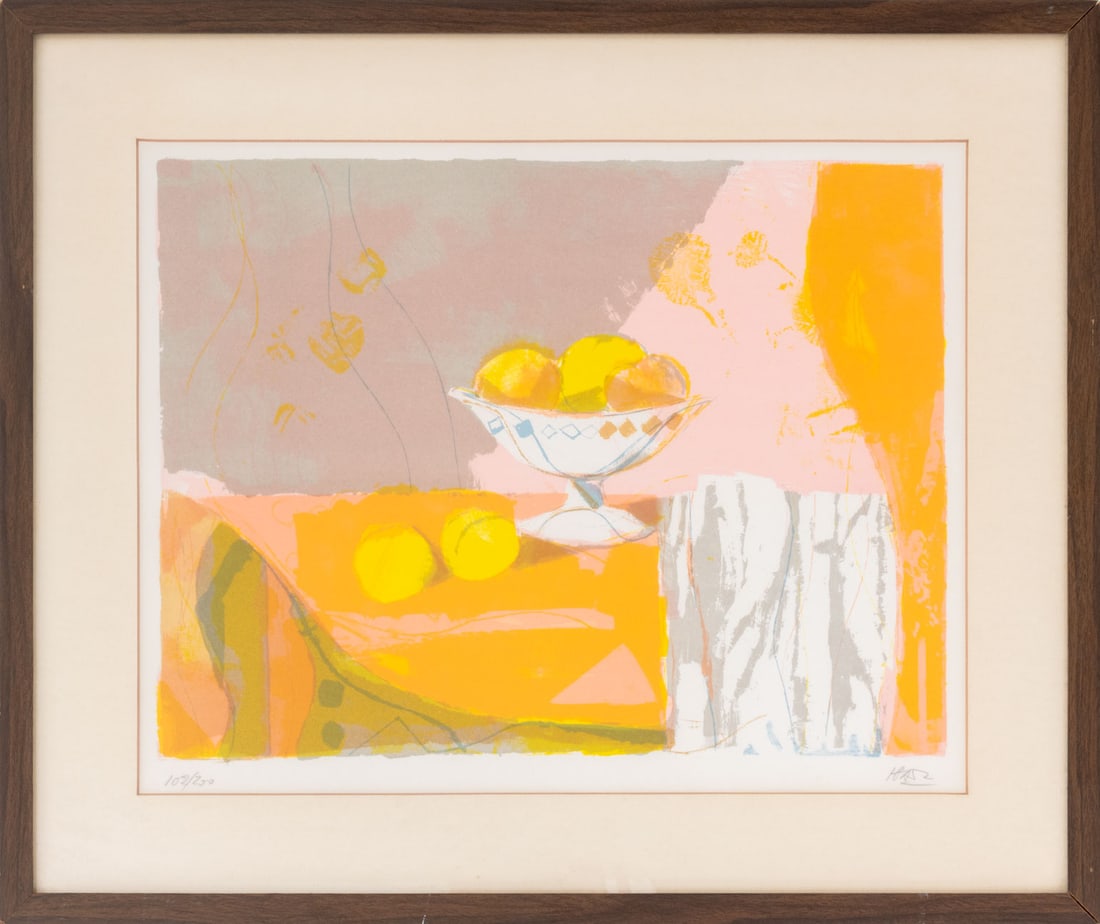 Miguel Ibarz Still Life with Oranges Silkscreen: Miguel Ibarz (Spanish, 1920-1987), Still Life Scene with Oranges, Silkscreen in Colors, signed in pencil lower right, numbered edition "102/250" lower left, wood frame. Image: 14" H x 18" W; frame:
