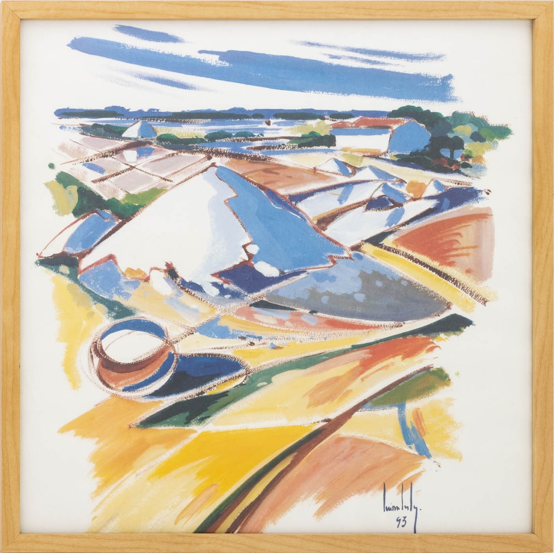 Olivier Suire Verley "Tas de Sel" Poster, 1993: Olivier Suire Verley (French, b. 1952), "Tas de Sel" [Pile of Salt], Offset Lithographic Poster in Colors, 1993, signed and dated in print lower right, wood frame. Image: 19.25" H x 19.25" W; frame: