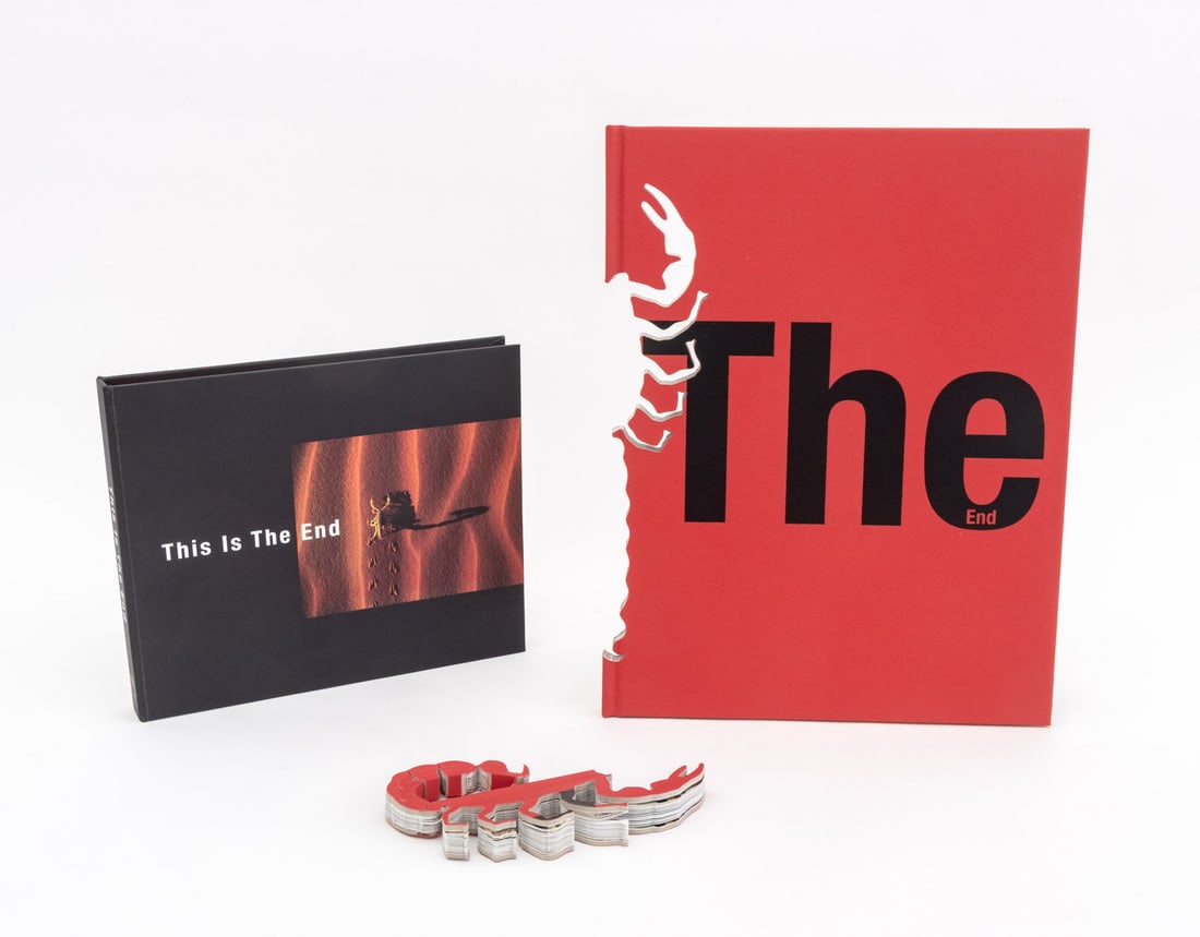 "The End" Book and Video Viewer, 2017: "The End" Book and Video Viewer, n.p: Peter Norton Family Foundation Xmas Gift, 2017, clamshell box with printed book, scorpion sculpture excised from book, and a video book. 14" L x 11" W x 2.25" D.