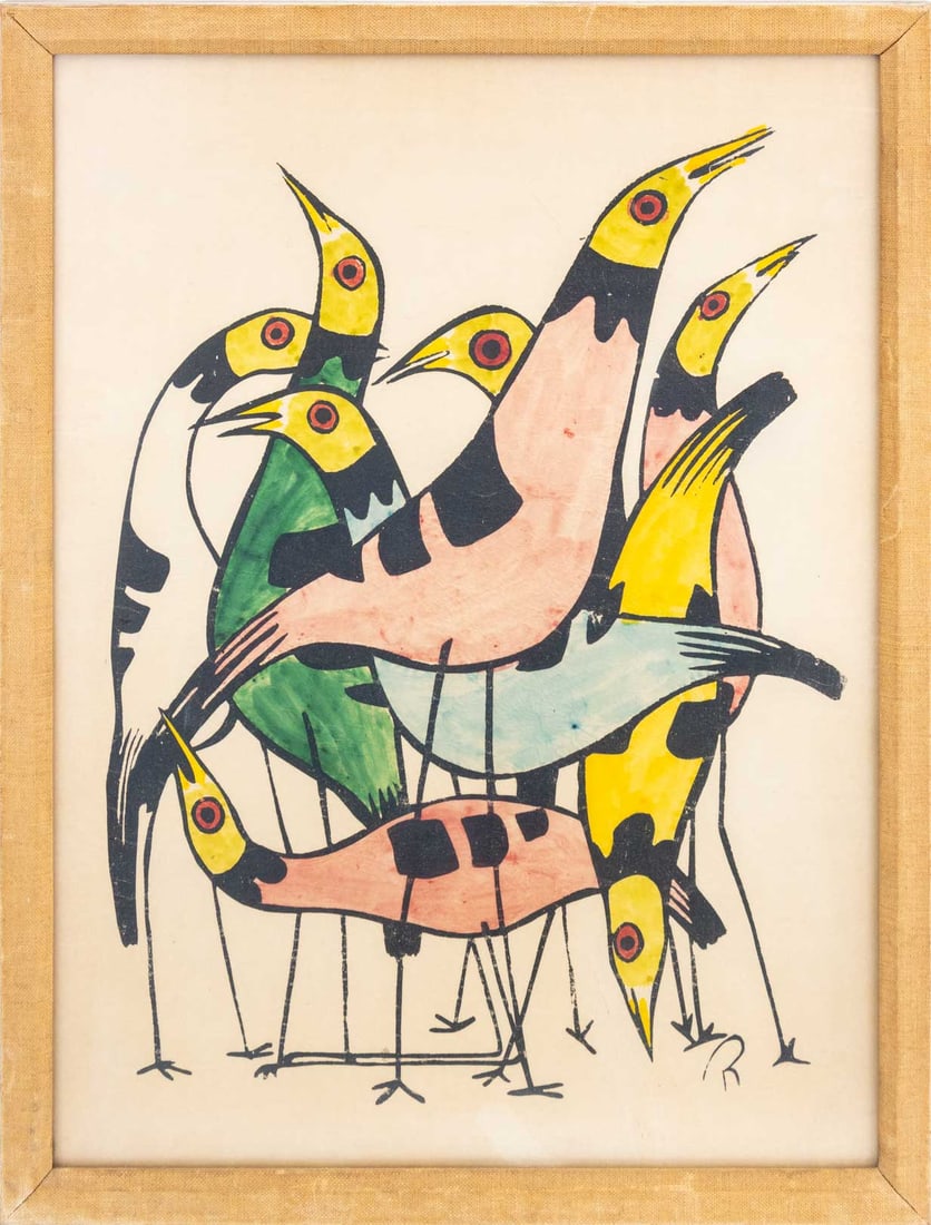 Contemporary School Stylized Birds Woodblock Print: Contemporary School, Stylized Bids, Woodblock Print with Watercolor Embellishments, initialed "R" in print lower right, wood fame. Image: 19" H x 14.25" W; frame: 20.75: H x 16" W x 0.25" D. Provenanc