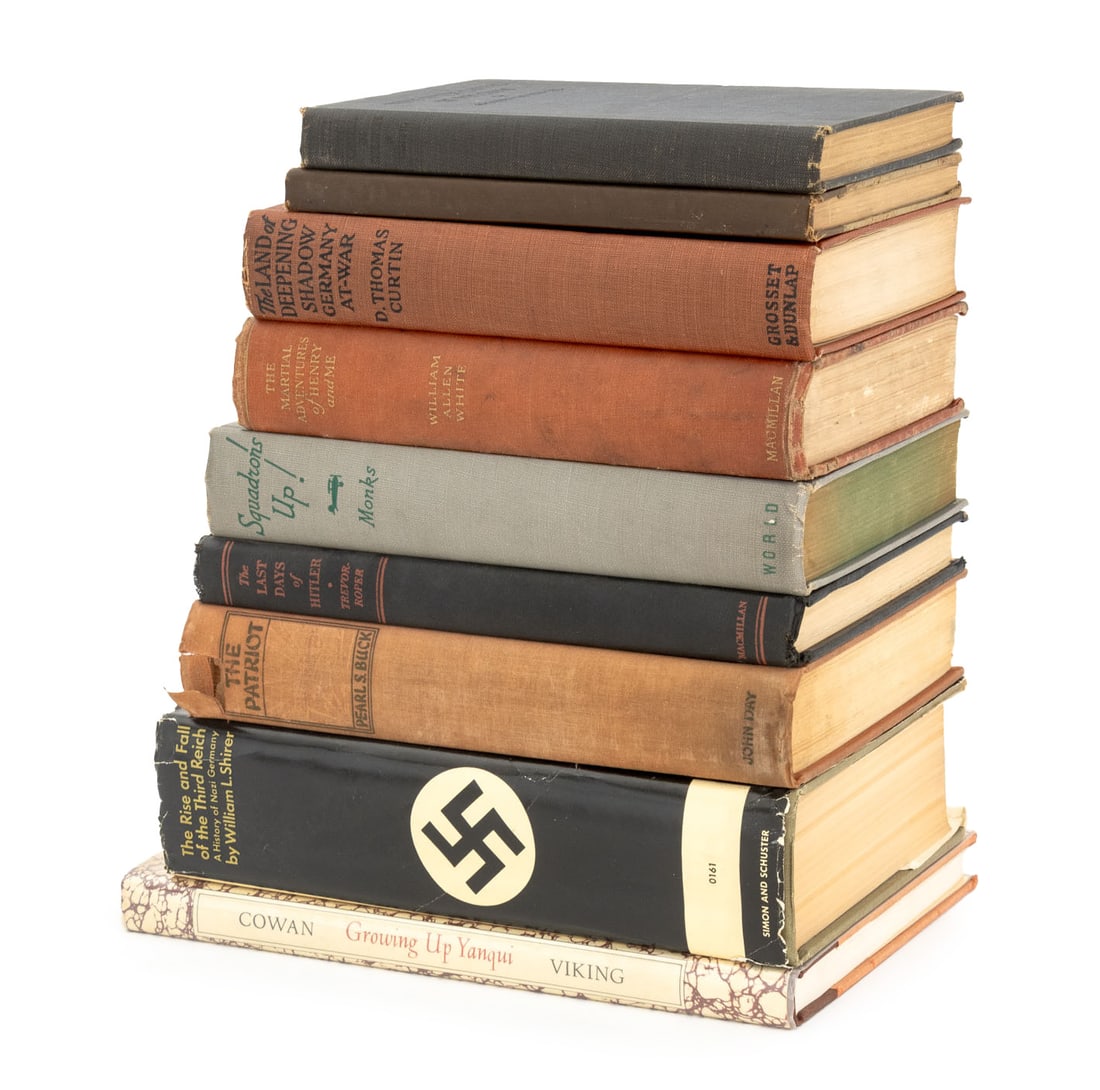 Books on War, 9: Collection of Nine Books on War, comprising: "The Land of Deepening Shadow", Curtin, D. Thomas, "The Last Days of Hitler", Trevor-Roper, H.R., "The Edith Cavell Nurse", "With Edith Cavell in Belgium",