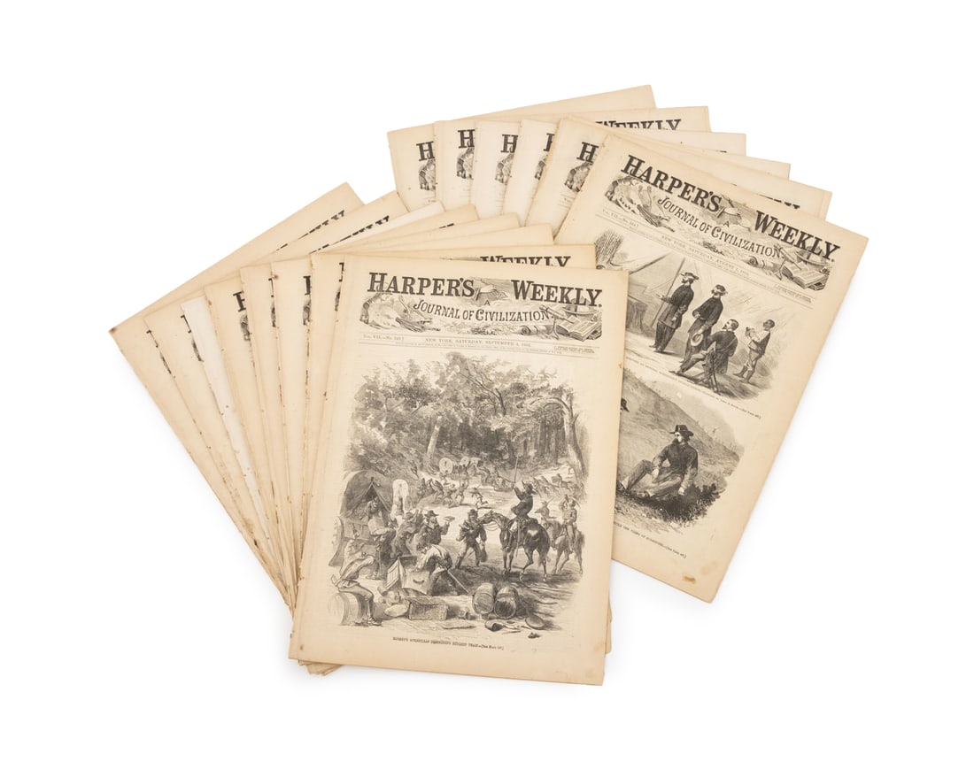 "Harper's Weekly. A Journal of Civilization", 14: Collection of 14 Issues of "Harper's Weekly. A Journal of Civilization", comprising: "No. 275 April 5, 1862, "No. 341 July 11, 1863", "No. 342 July 18, 1363", "No. 344 August 1, 1863", "No. 348 August