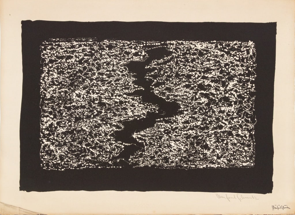 Manfred Schwartz "Rivulet" Lithograph: Manfred Schwartz (American, born Poland, 1909-1970), "Rivulet", Lithograph on Paper, mid 20th century, black waves and pointillism, signed in pencil and with the artist's signature stamped lower right