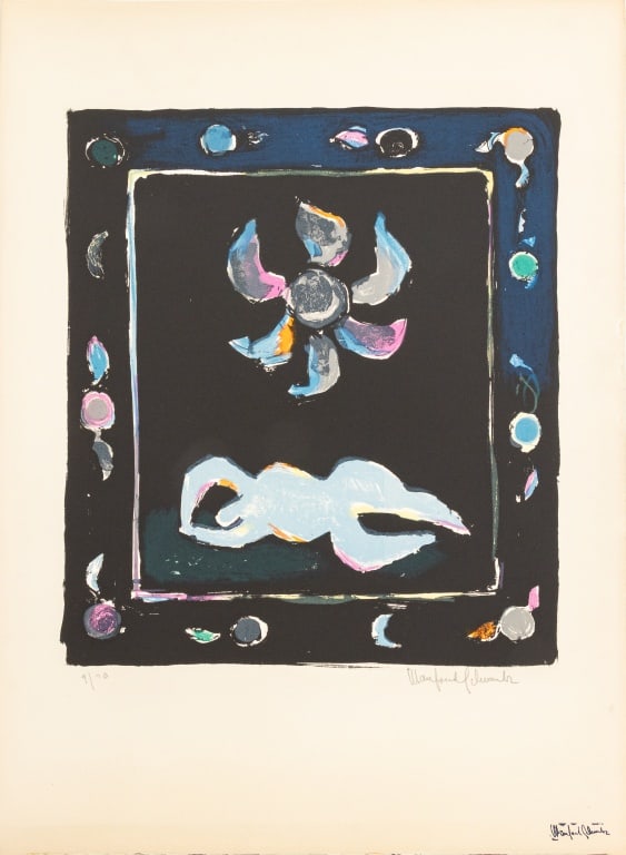 Manfred Schwartz "Flowering Moon" Lithograph: Manfred Schwartz (American, born Poland, 1909-1970), "Flowering Moon", Lithograph in Colors on Paper, mid 20th century, reclining figure in blue, numbered edition "9/70" lower left, signed in pencil a
